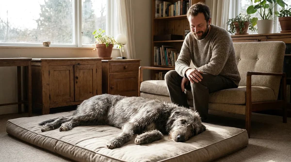 A grey Irish Wolfhound resting on a large pad beside an adult owner.