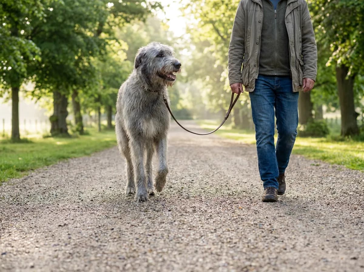 An Irish Wolfhound walking beside its owner on a loose lead along a level path.