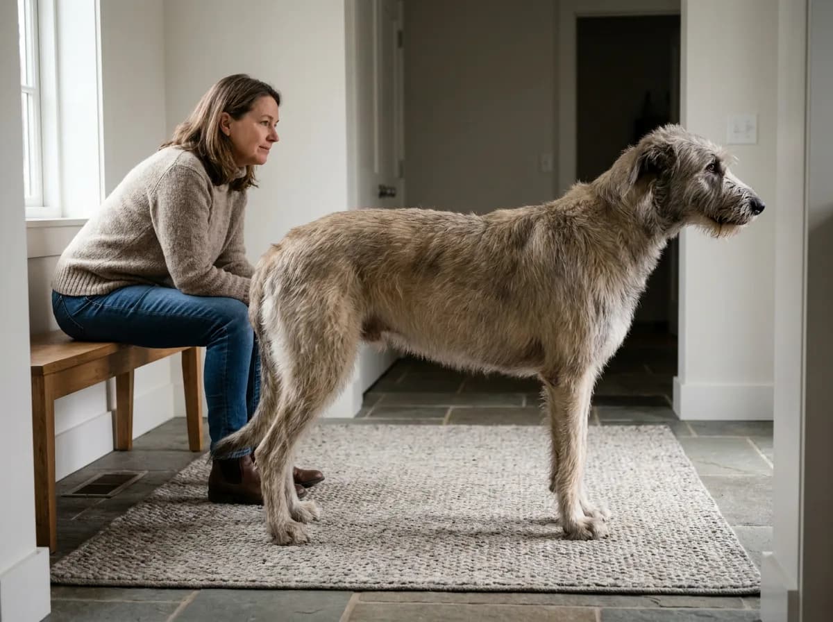 An attentive owner beside a standing Irish Wolfhound at home.