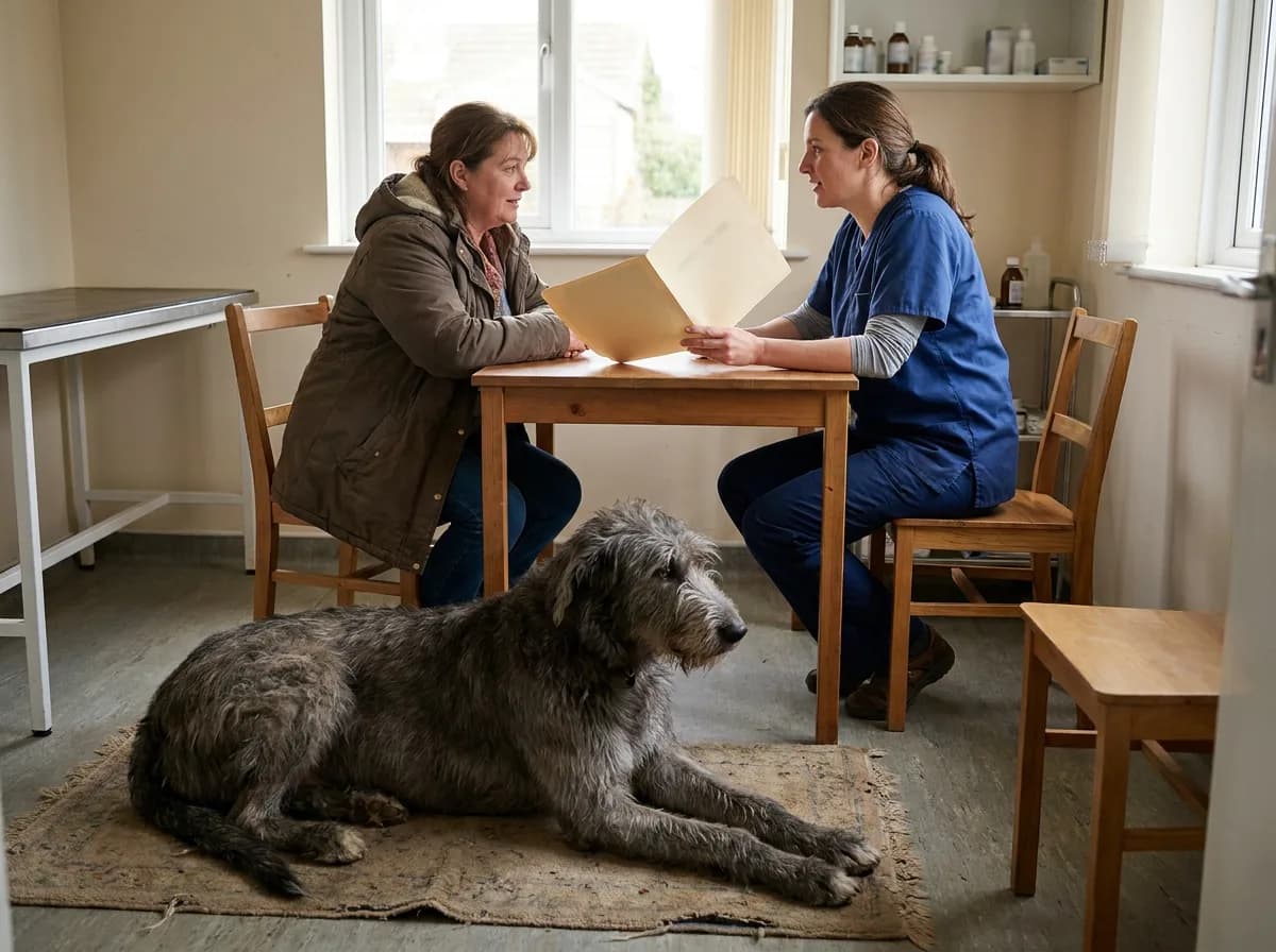 An owner and veterinarian discussing an open folder beside a resting Irish Wolfhound.