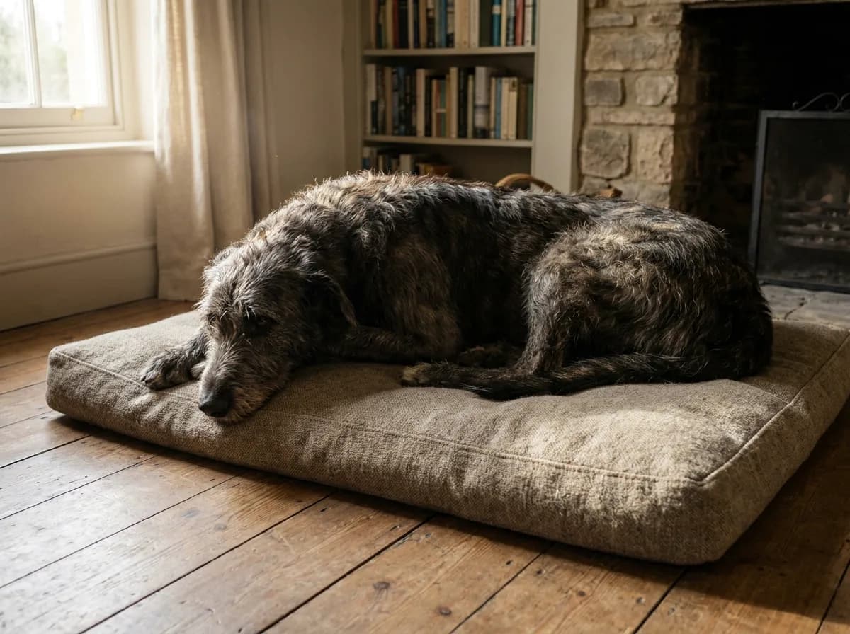 An Irish Wolfhound resting with its body supported on a large low pad.