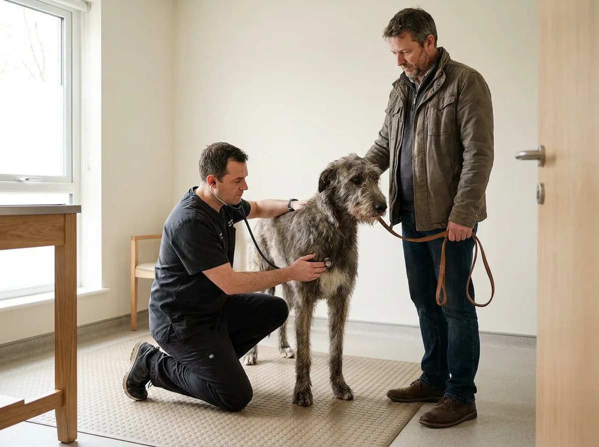 A veterinarian examining an Irish Wolfhound’s chest while the dog stands on the clinic floor.