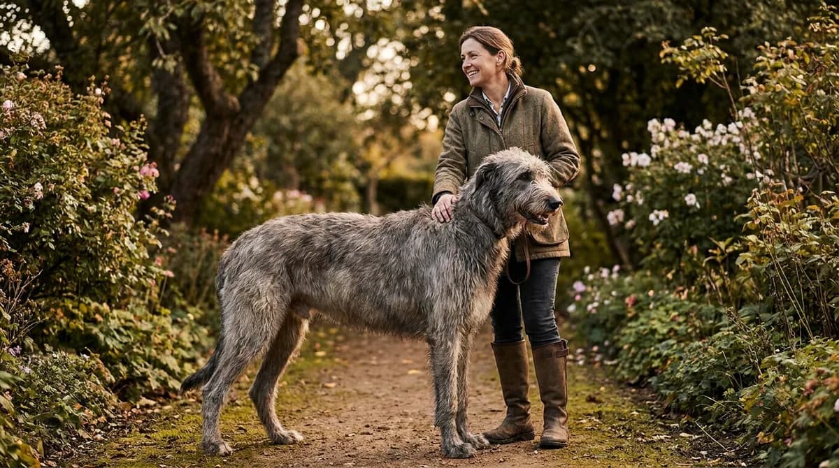 Irish Wolfhound standing beside an adult on a garden path.