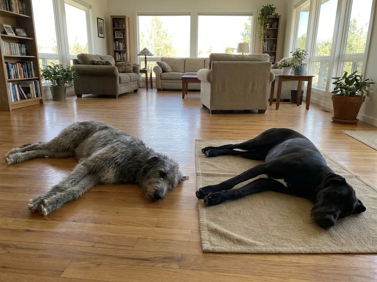 Irish Wolfhound and black Great Dane resting separately in a living room.