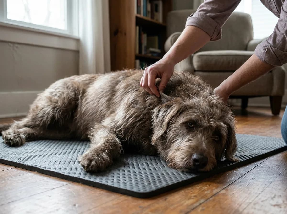 Adult gently parting a resting shaggy dog’s coat.