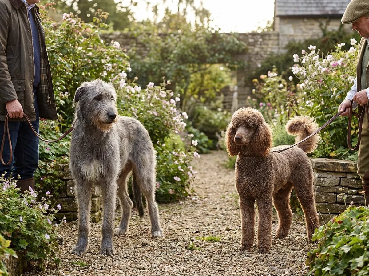 Irish Wolfhound and Standard Poodle standing apart with handlers.