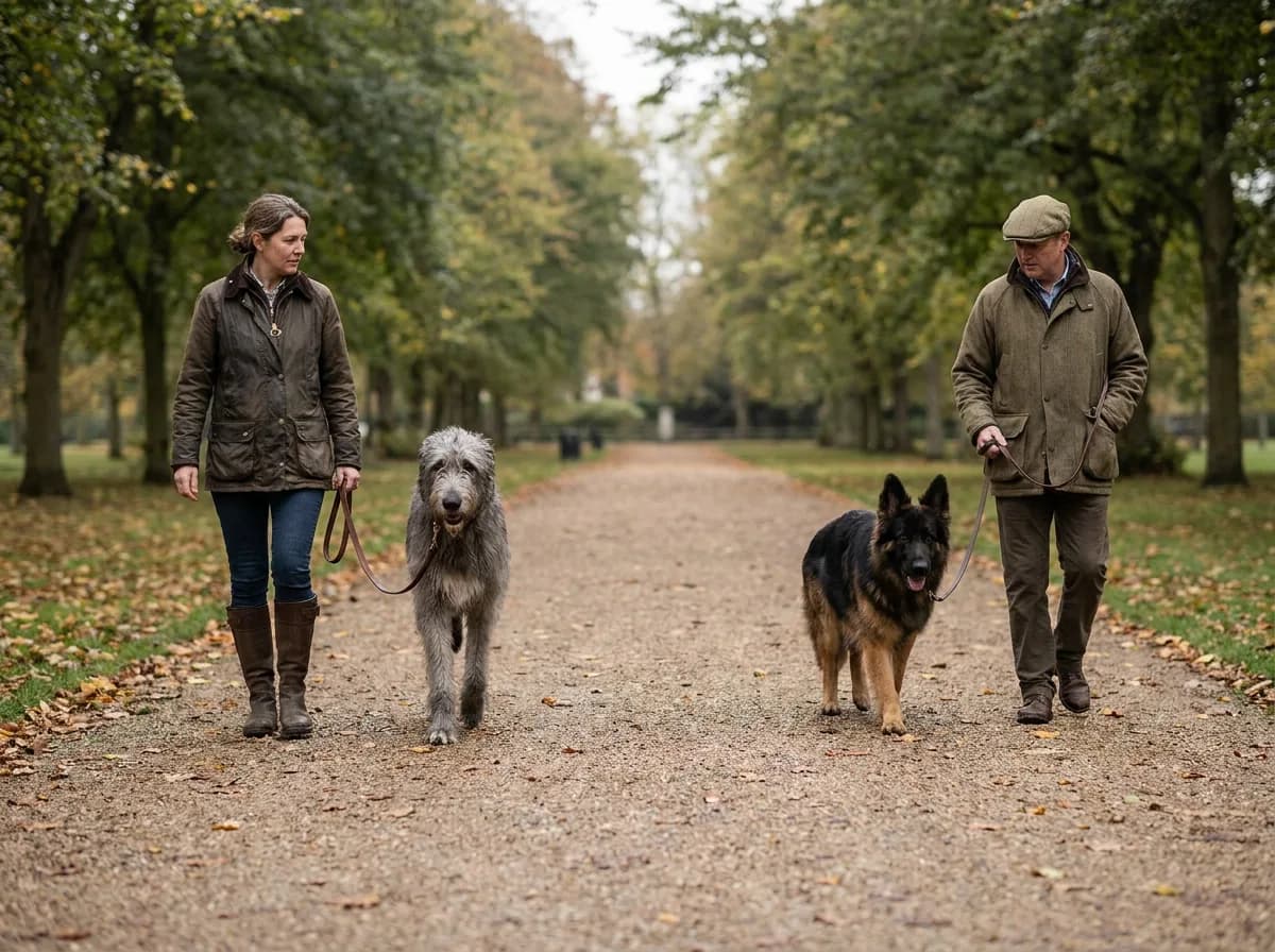 Irish Wolfhound and German Shepherd walking with separate handlers.