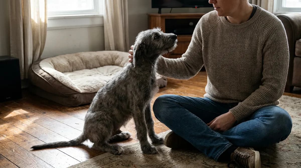 Irish Wolfhound puppy sitting beside an adult on a living-room floor.