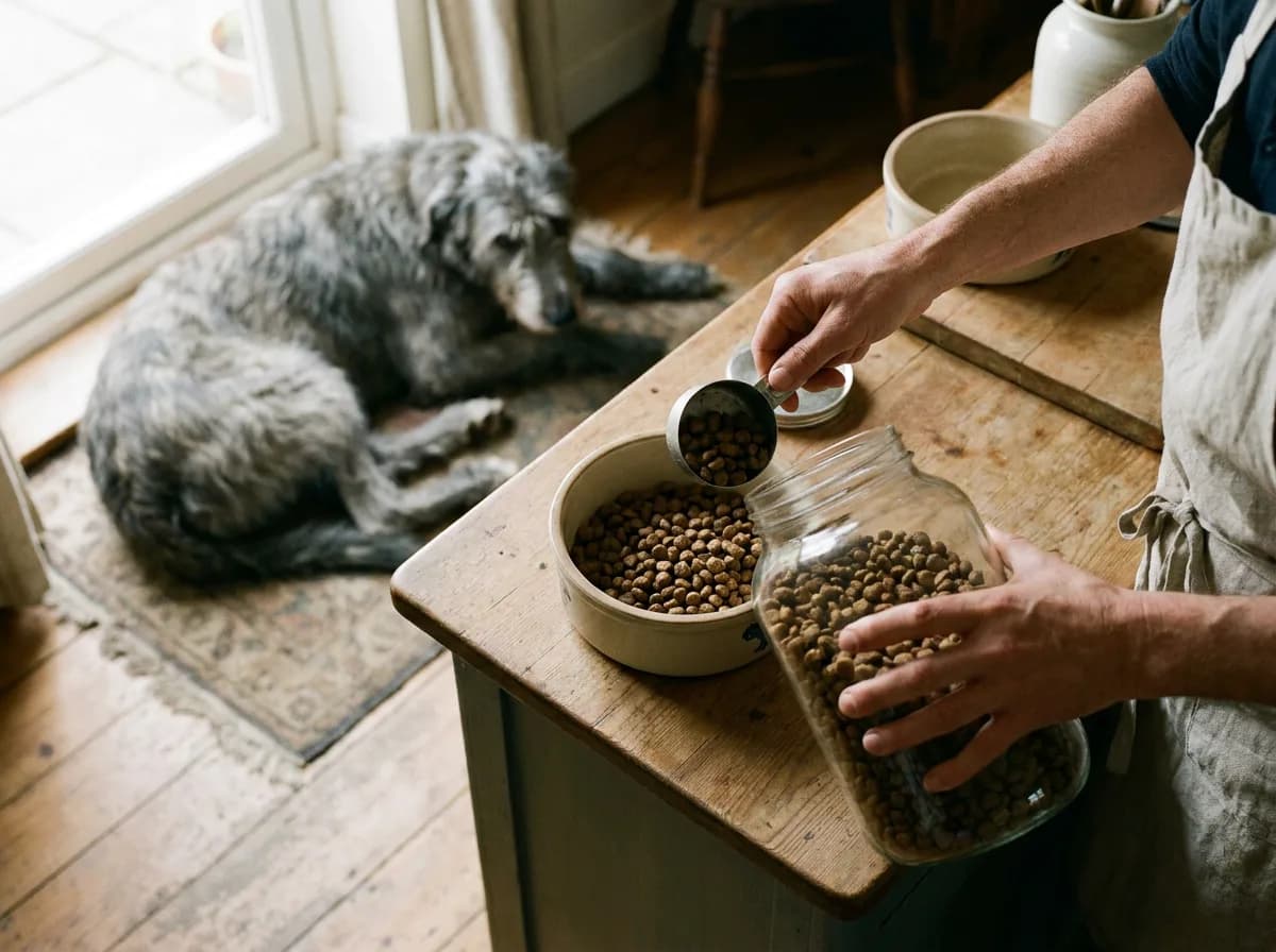 An adult portioning dry food while an Irish Wolfhound rests nearby.