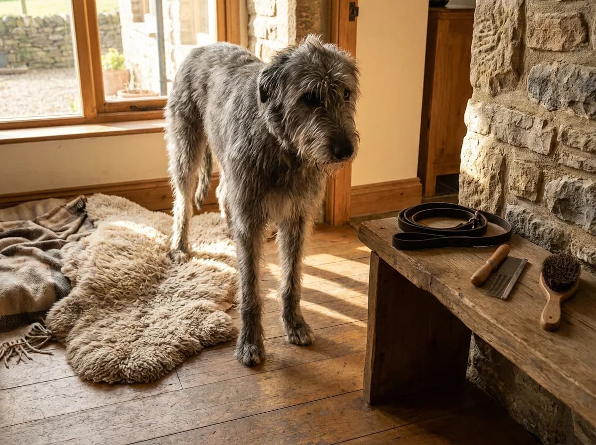Irish Wolfhound beside bedding, a lead, brush and comb.