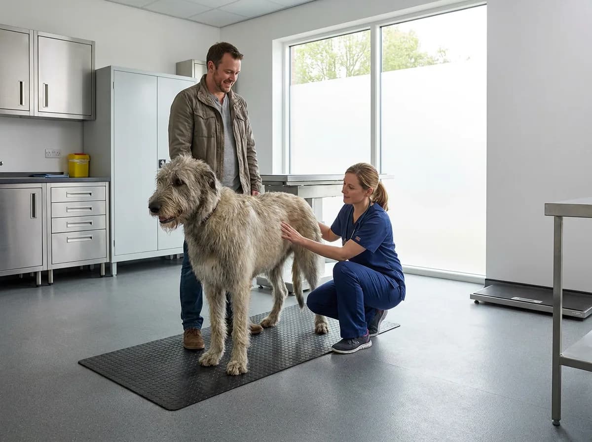 Veterinarian examining a standing Irish Wolfhound with its owner nearby.