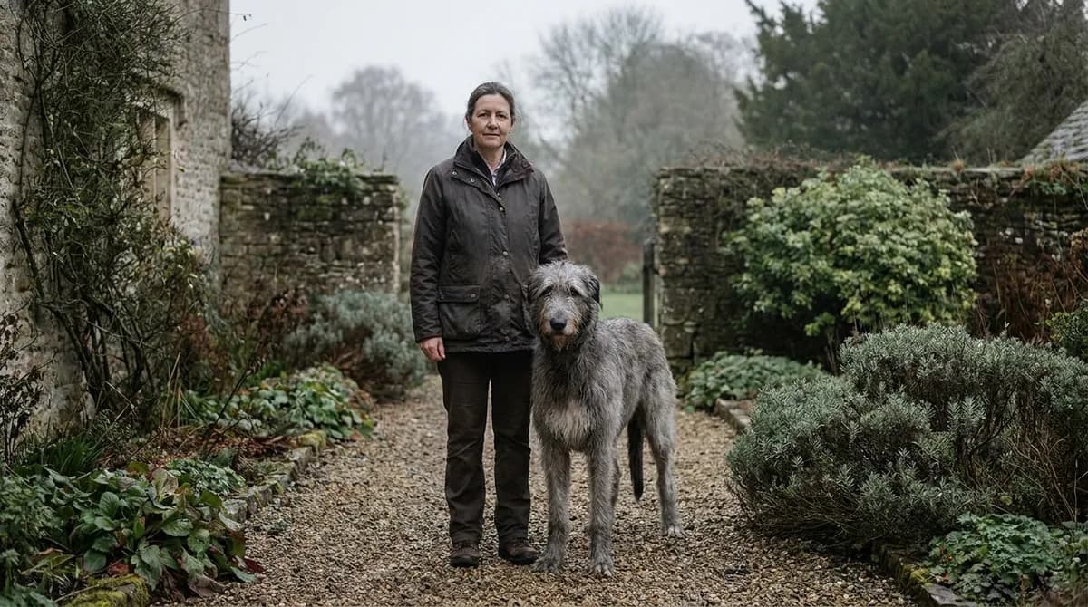 An adult Irish Wolfhound standing beside a woman on a garden path.