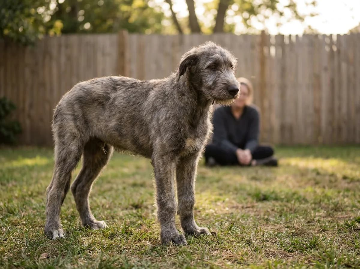 A lanky Irish Wolfhound puppy standing in a fenced garden with an adult nearby.