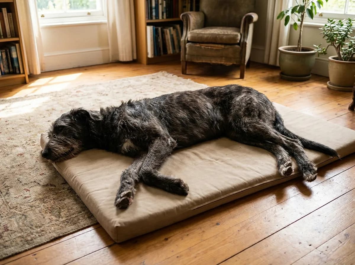 An adult Irish Wolfhound stretched across a plain dog bed with floor space around it.