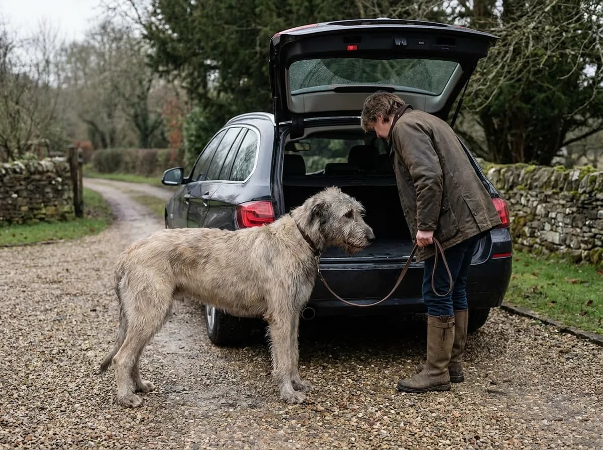 An Irish Wolfhound and owner beside the open rear entrance of a parked car.