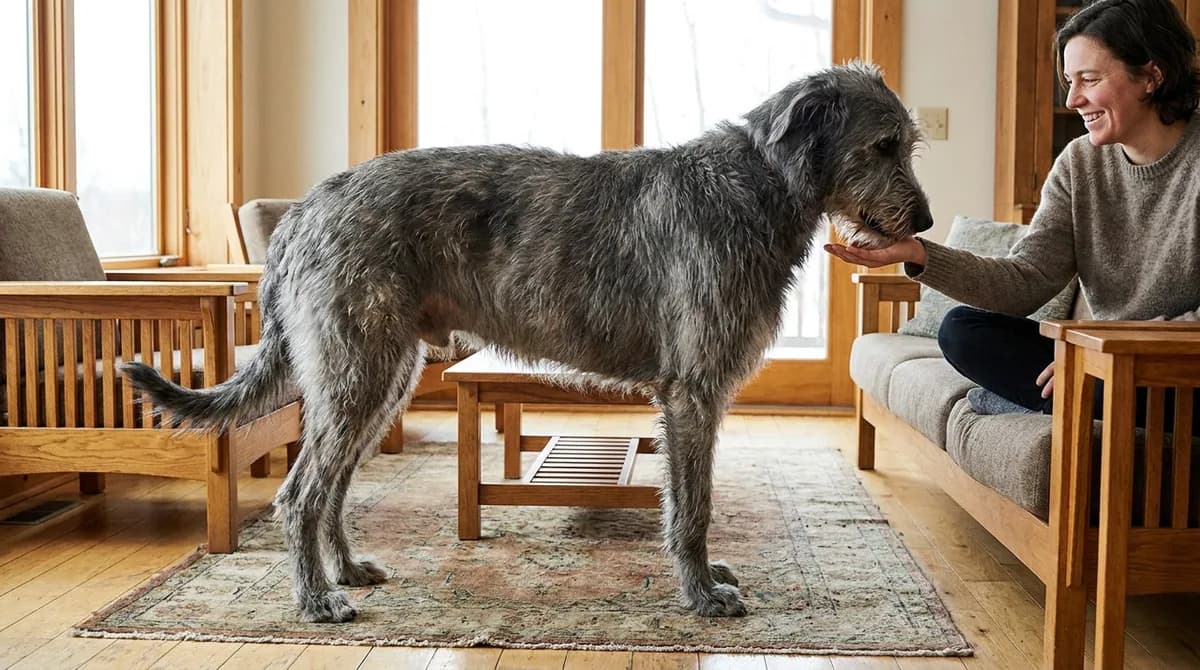 Grey Irish Wolfhound approaching a seated adult’s open hand in a living room.