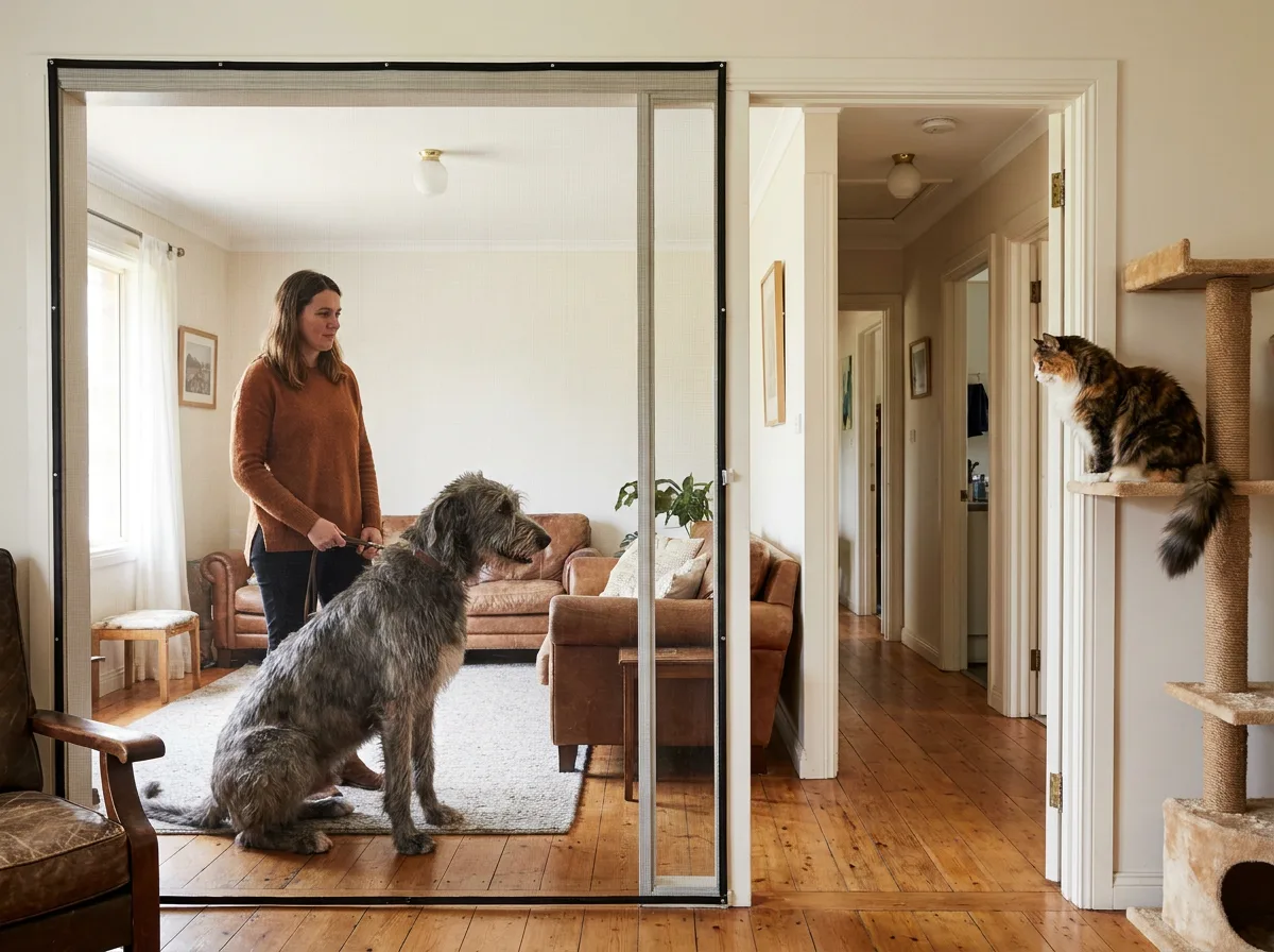 Irish Wolfhound and handler separated from a cat by a closed glass door.
