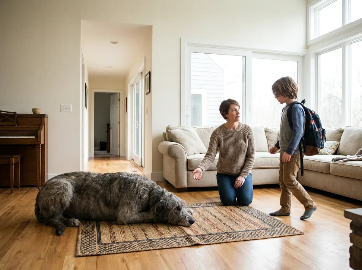 Adult guiding a child past a resting Irish Wolfhound.
