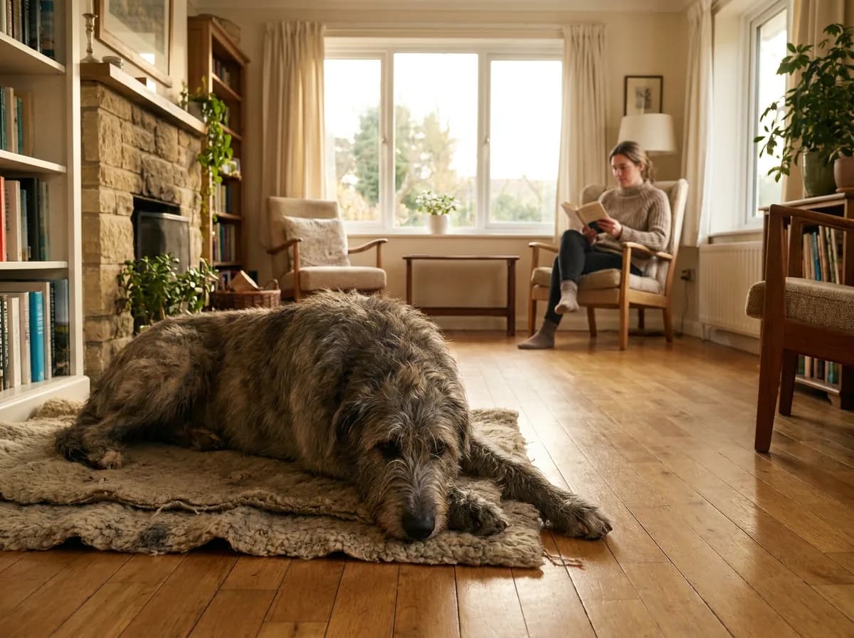 Irish Wolfhound resting on a mat while an adult reads nearby.