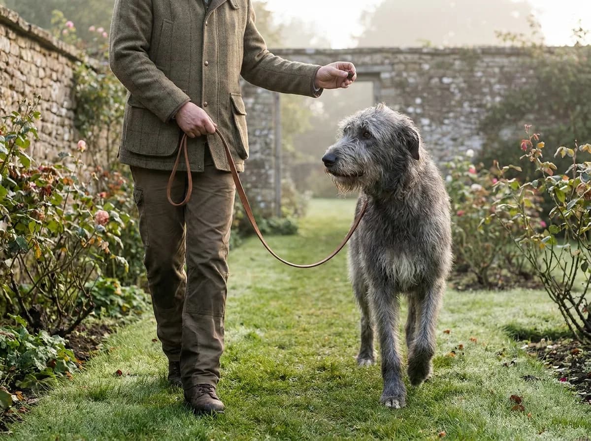 Irish Wolfhound watching a handler’s hand while standing on a loose lead in a garden.