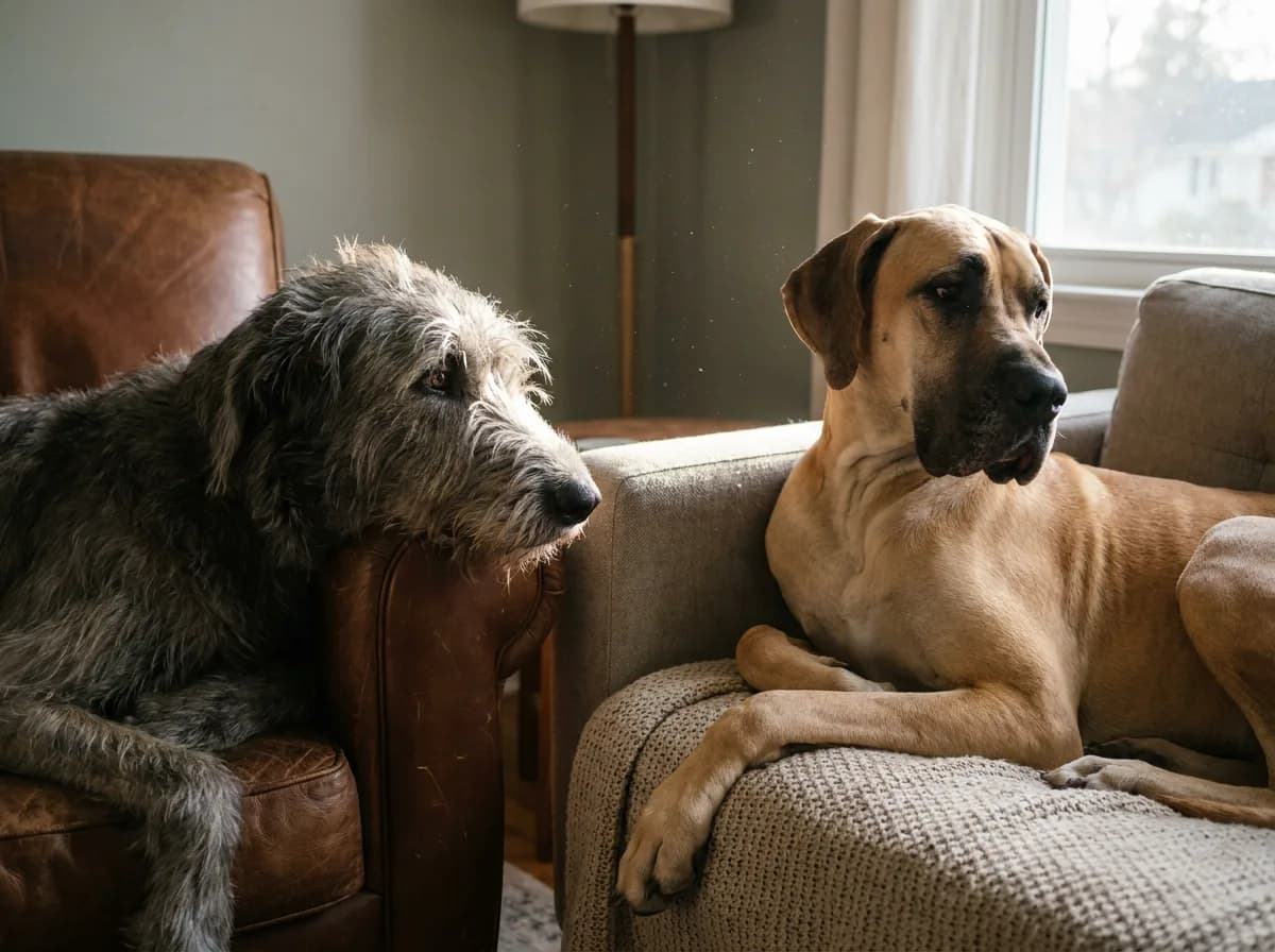 Irish Wolfhound and Great Dane resting on separate chairs with their coats visible.