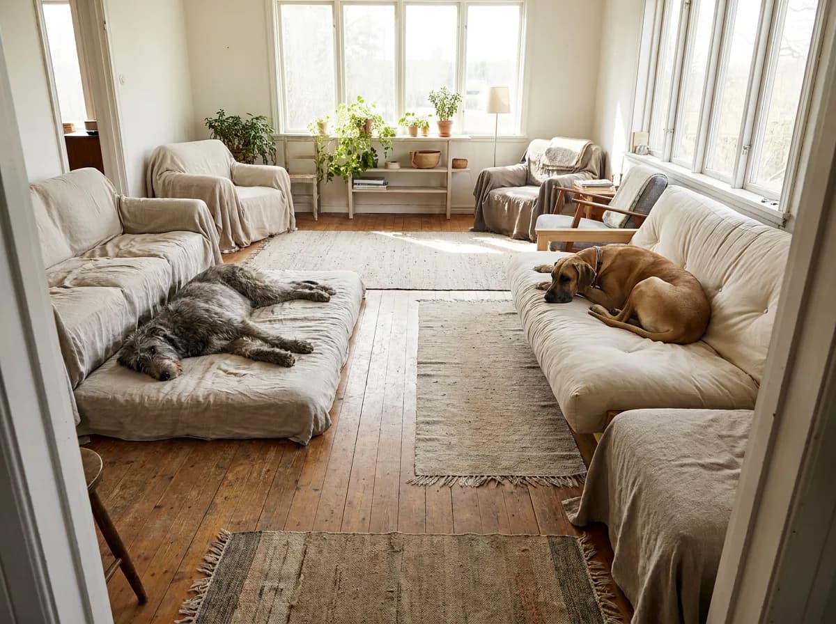 Irish Wolfhound and Great Dane resting in separate spaces with a clear route through the room.