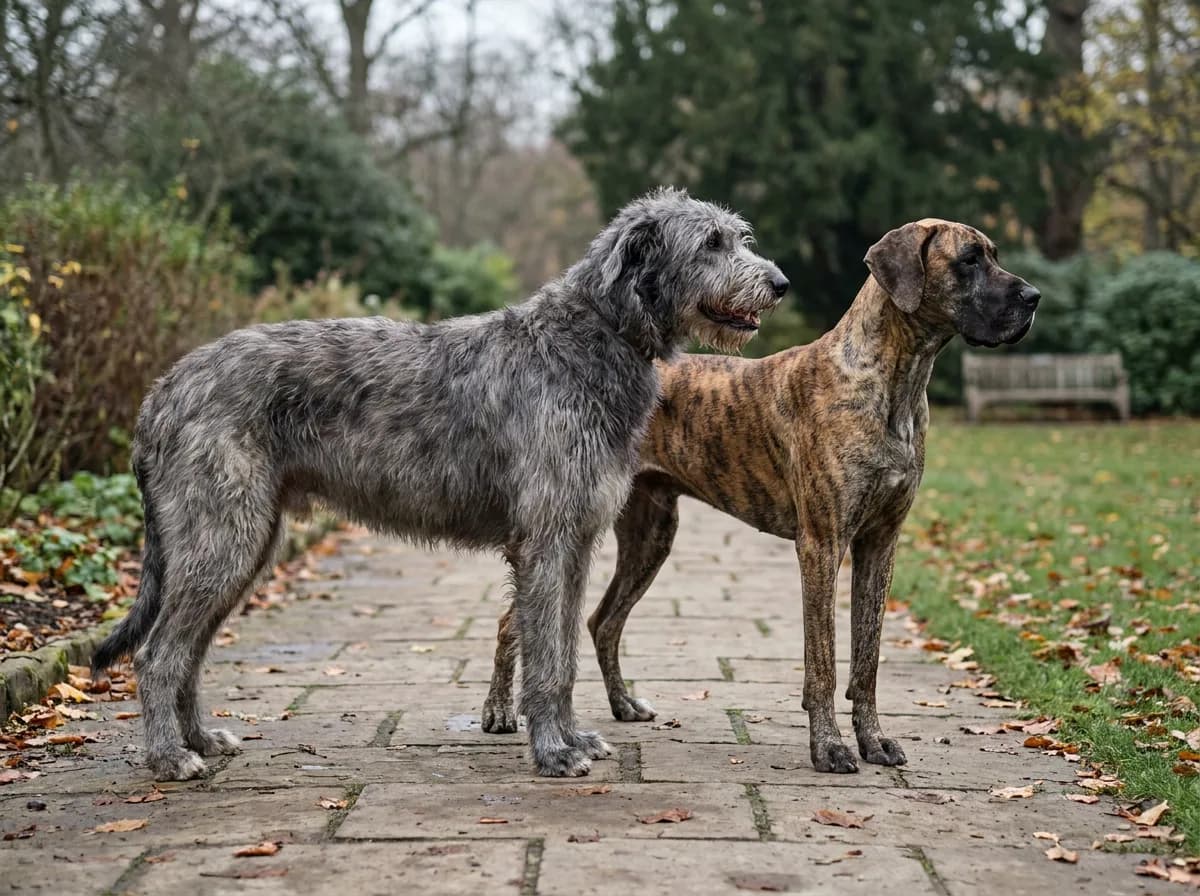 Rough-coated Irish Wolfhound and brindle Great Dane standing on level paving.