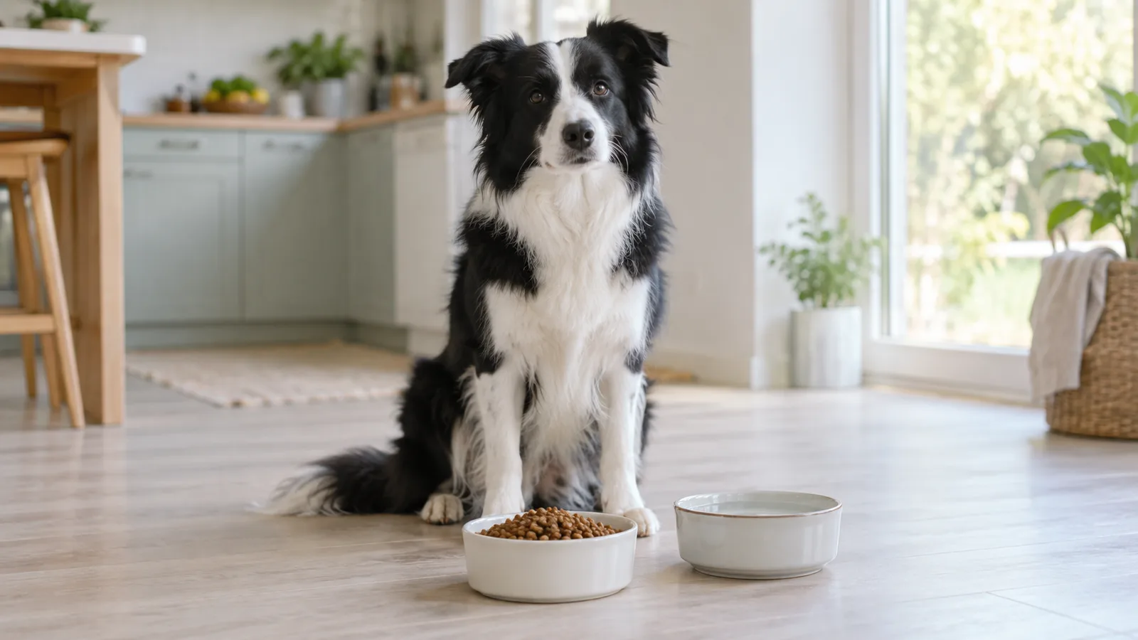 Border collie beside separate bowls of dry dog food and water at home