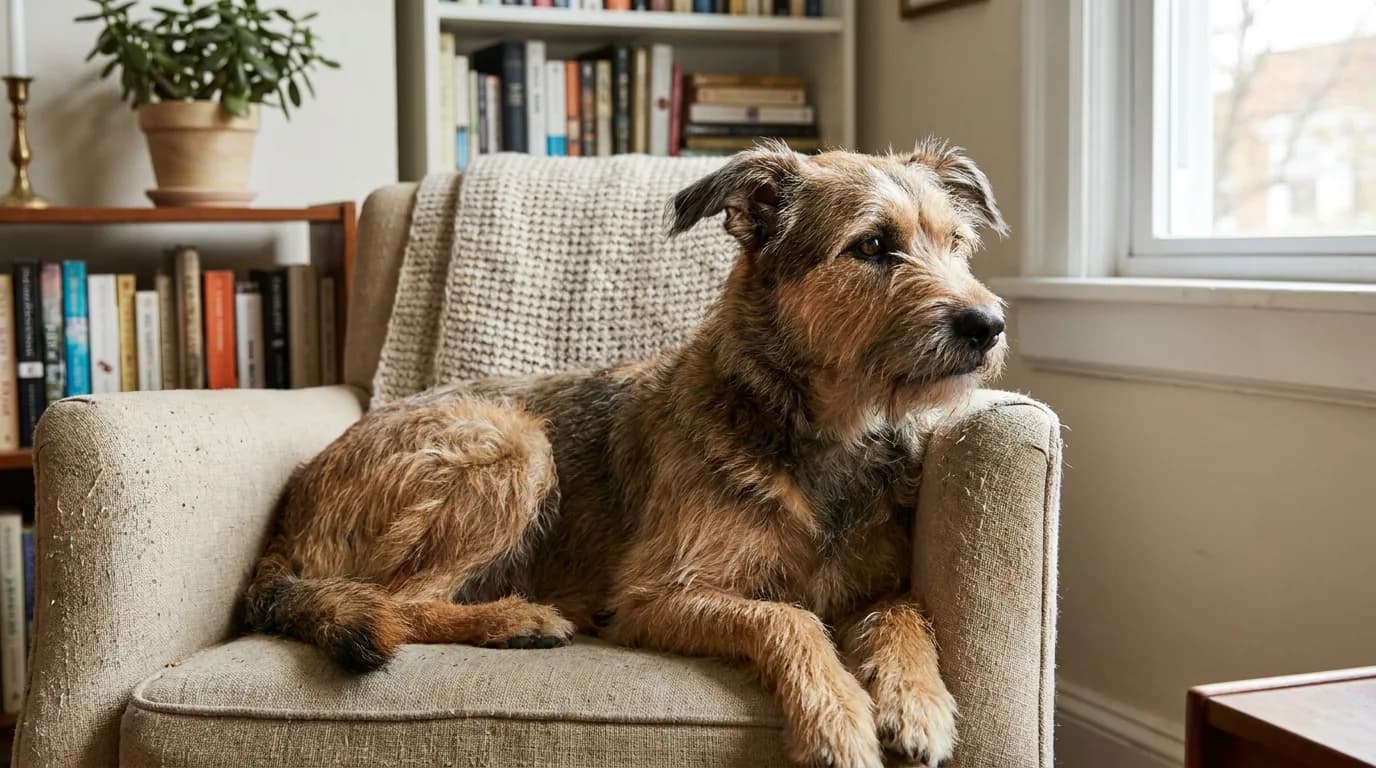 Brindle rough-coated terrier-type dog resting on a cream chair beside a window