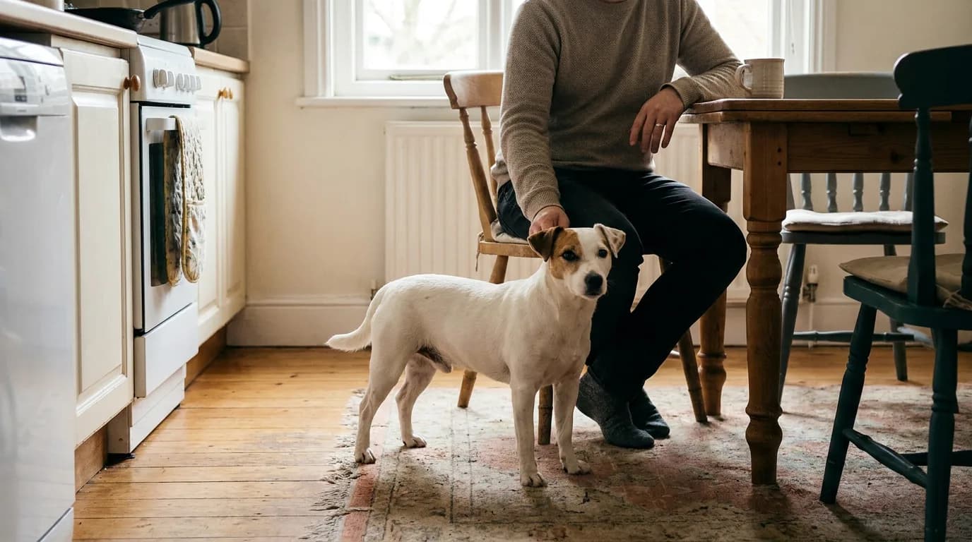 Smooth-coated white-and-tan Jack Russell standing beside a seated person in a kitchen