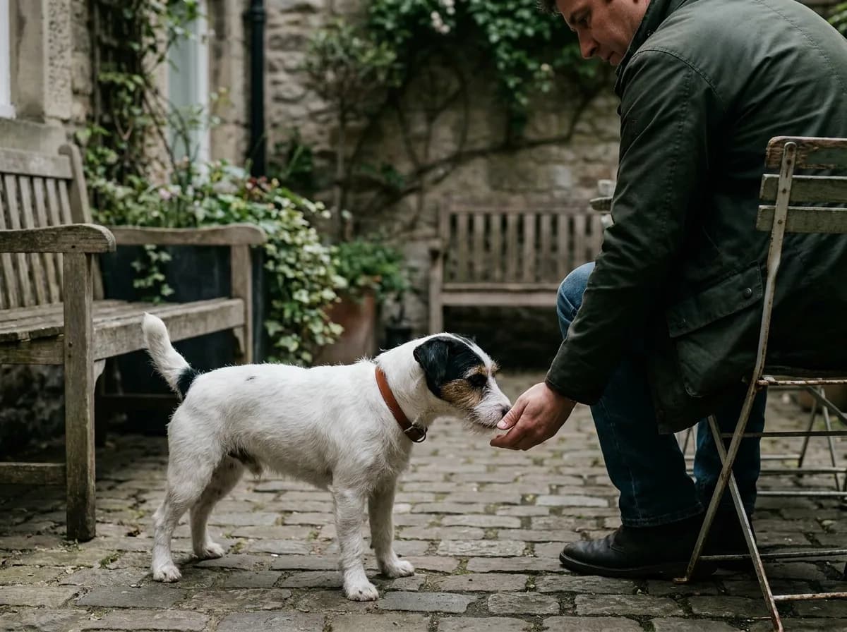Adult Jack Russell with a broken white-and-black coat approaching a seated person's hand at an adoption meeting