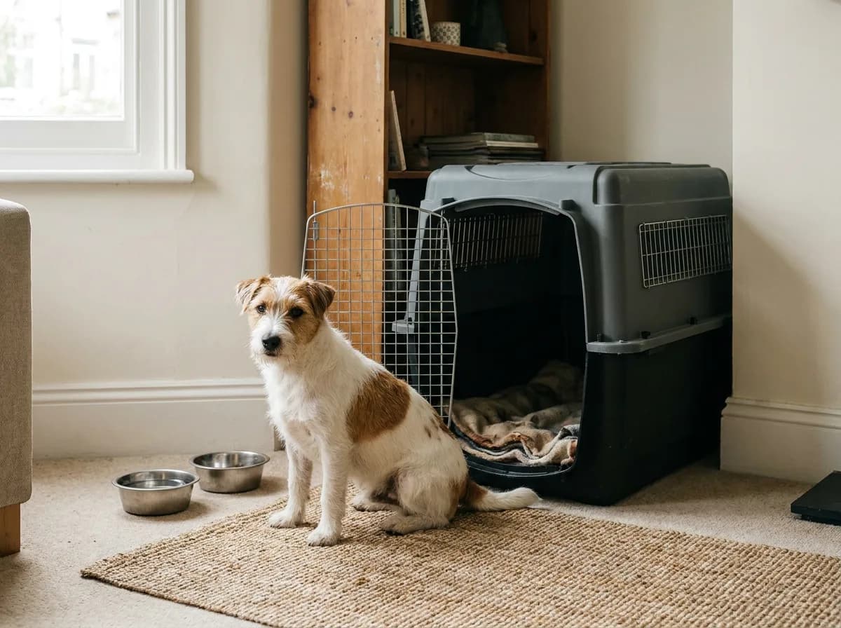 Jack Russell first-year setup: white-and-tan Jack Russell beside food bowls and an open carrier at home