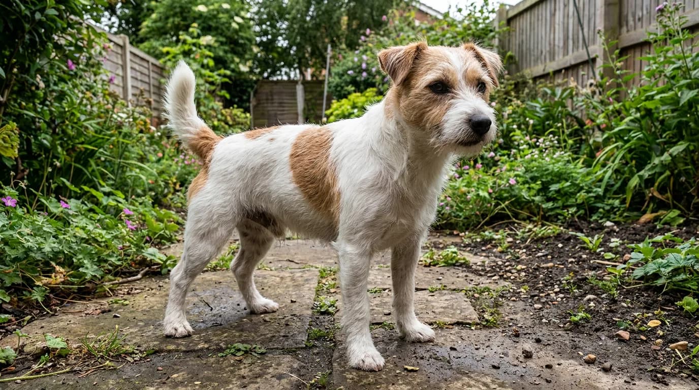 White-and-tan rough-coated Jack Russell Terrier standing in a garden