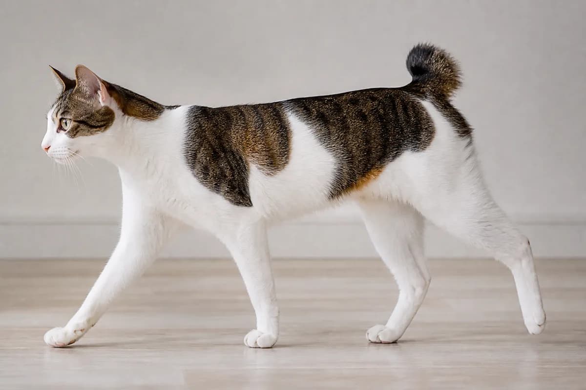 Full side view of a Japanese Bobtail showing the long clean lines, elevated hindquarters, and visible bobbed tail