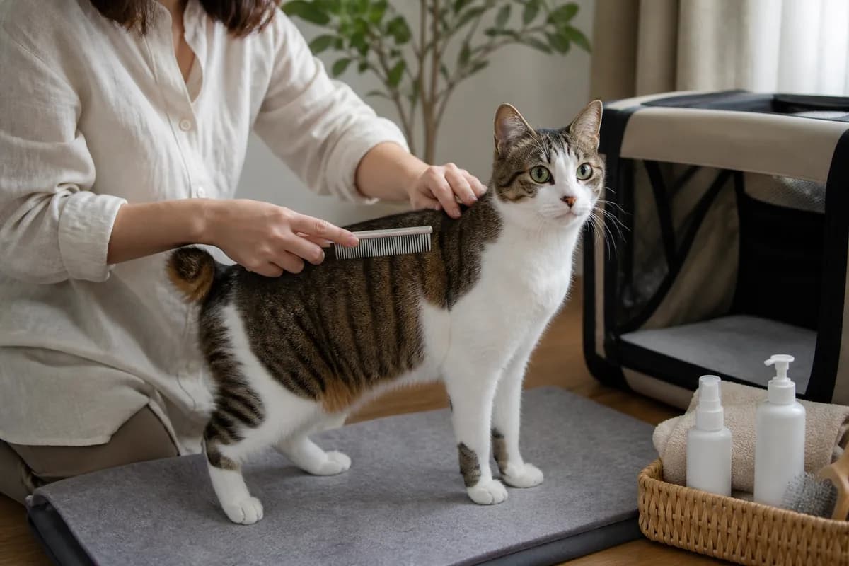 Owner gently combing a Japanese Bobtail beside a carrier and routine care supplies