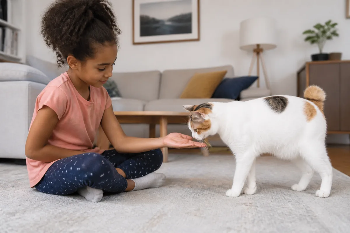 Supervised calm interaction between a Japanese Bobtail and an older child in a home