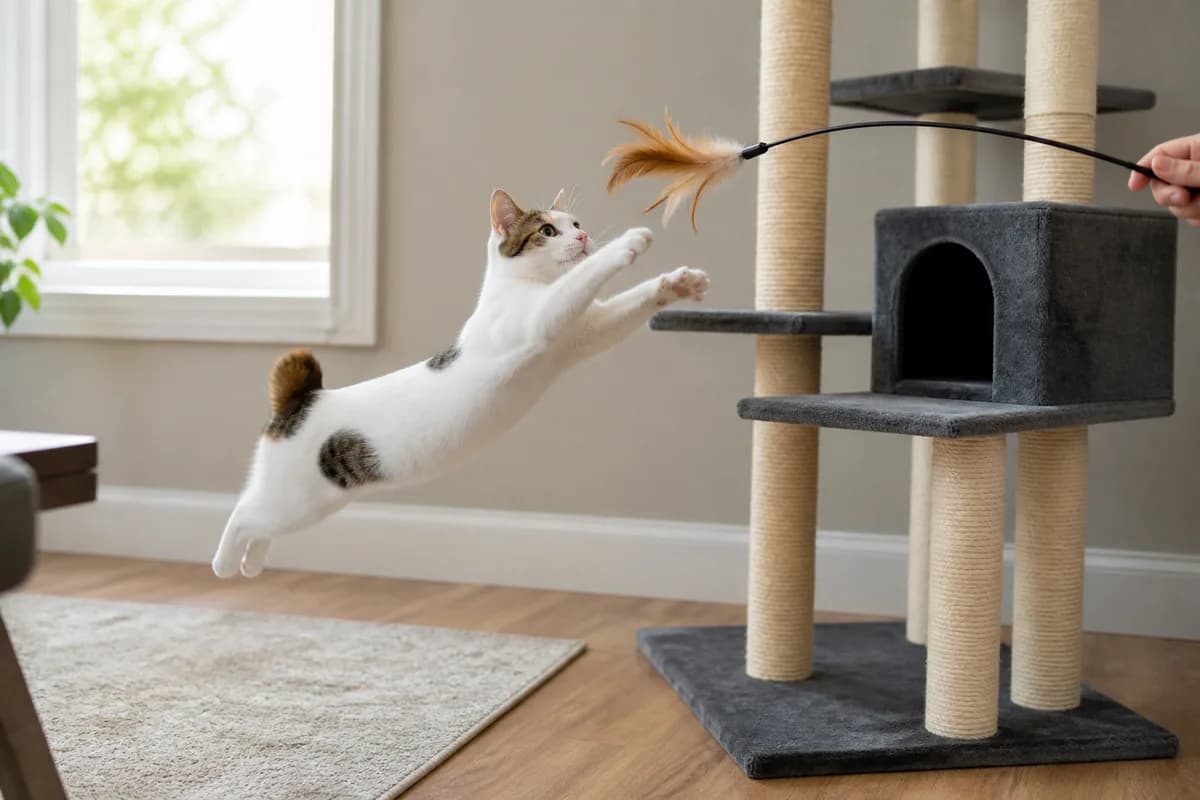 Japanese Bobtail leaping toward a wand toy beside a sturdy cat tree