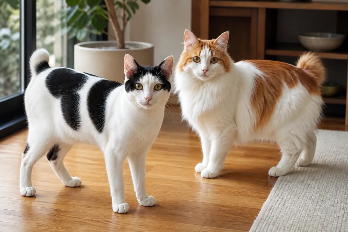 Shorthaired black-and-white and longhaired red-and-white Japanese Bobtails standing together with their pom-pom tails visible