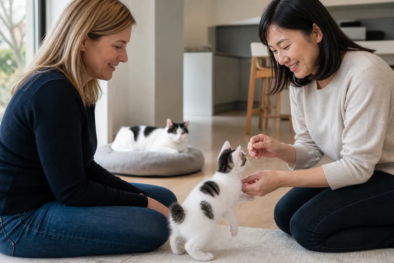 Prospective owner meeting a Japanese Bobtail kitten with a breeder in a clean lived-in home