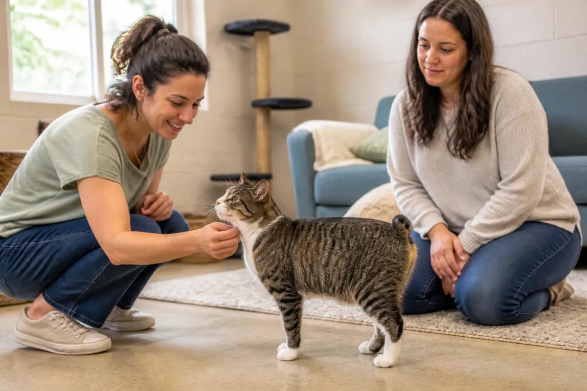 Adult bobtailed cat meeting an adopter at a rescue without implying confirmed pedigree