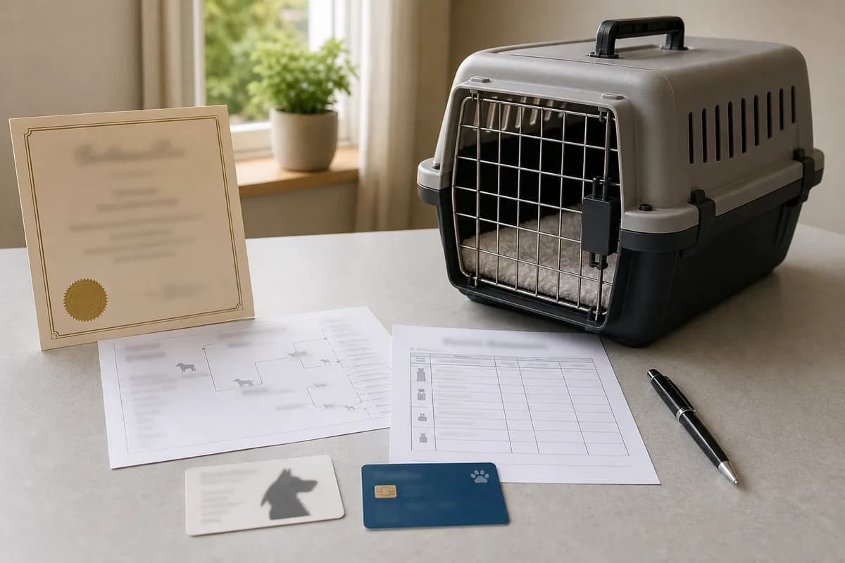 Neutral breeder quote, pedigree, vaccine record, and carrier arranged for comparison with private details obscured