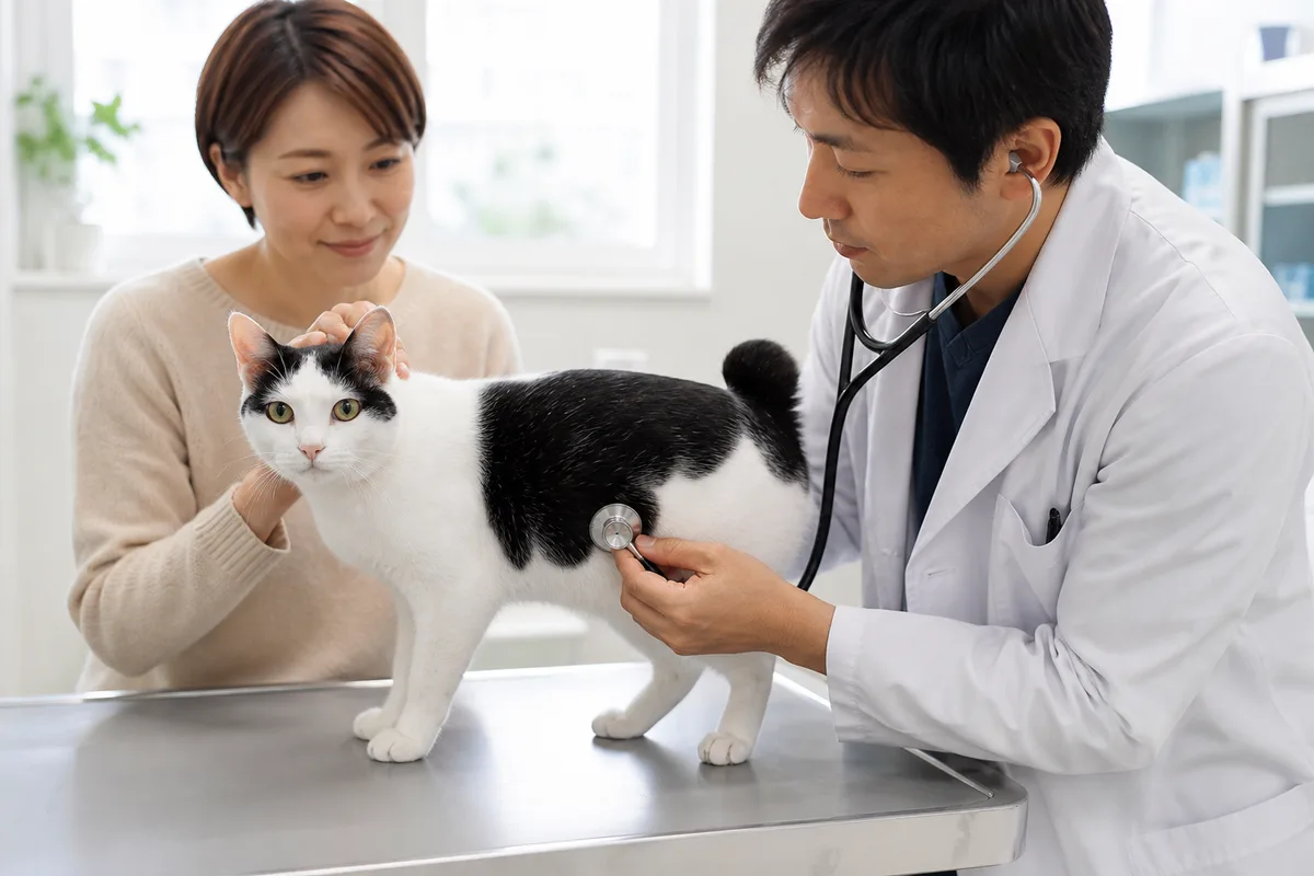 Japanese Bobtail receiving a calm routine veterinary exam