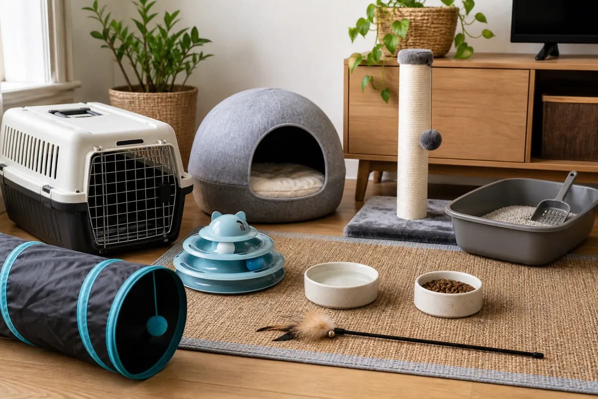 Unbranded carrier, bed, scratcher, bowls, litter setup, and toys arranged by purpose