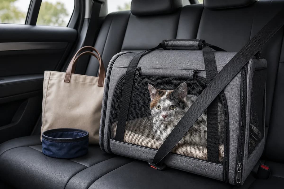 Secure Japanese Bobtail carrier beside neutral travel supplies in a parked vehicle