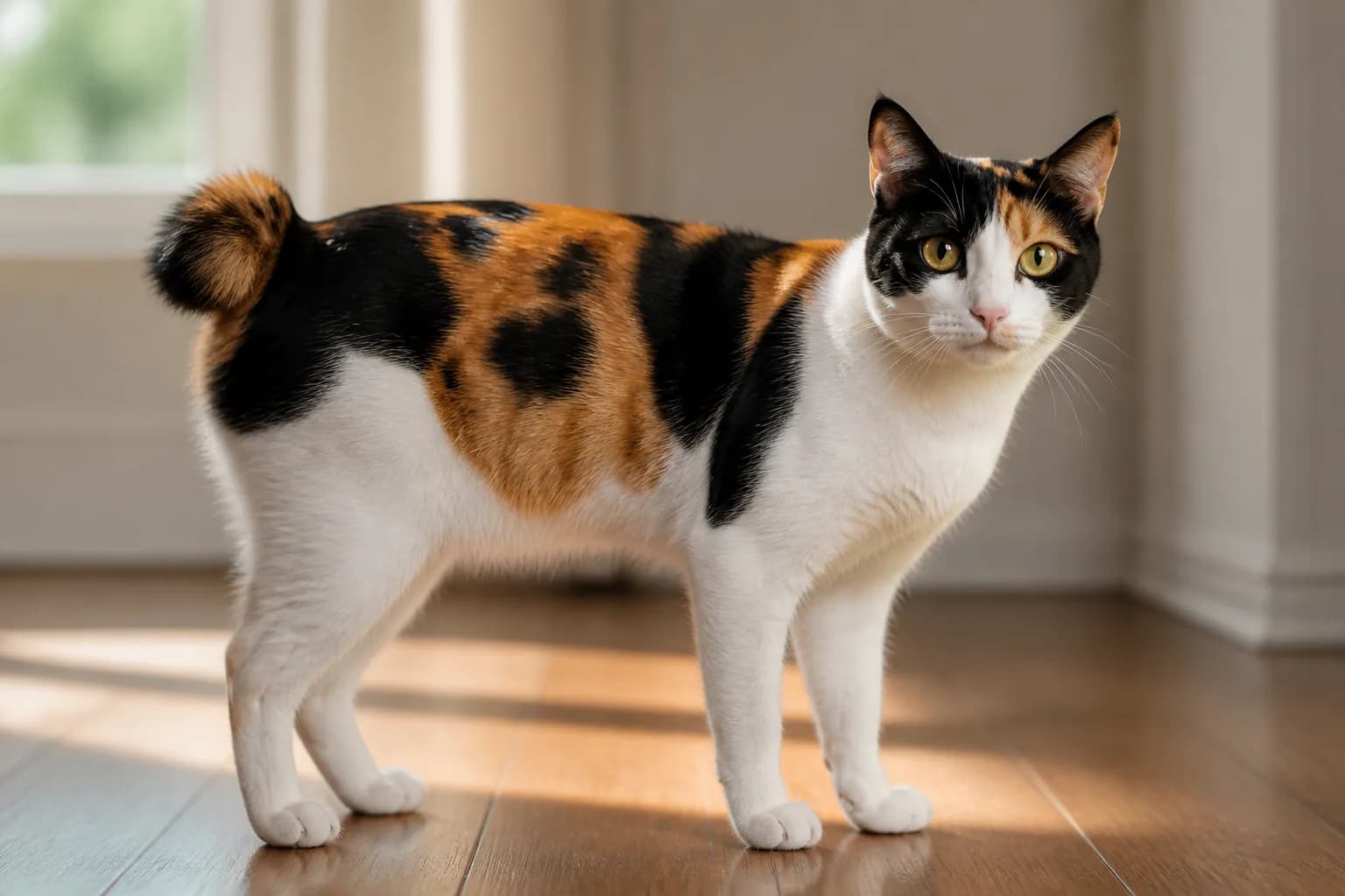 Mi-ke Japanese Bobtail standing in soft daylight with red, black, and white patches and a visible pom-pom tail