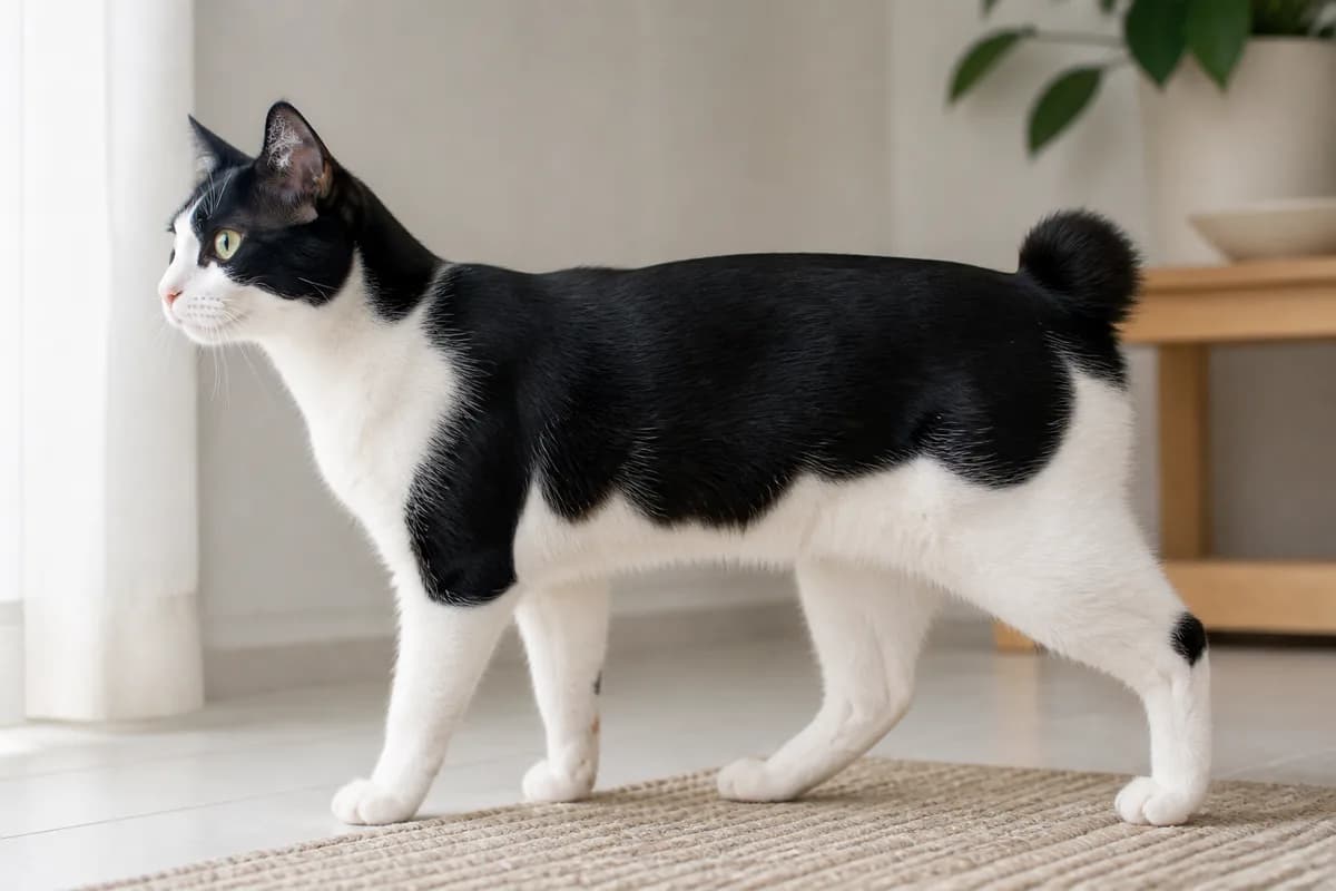 Black-and-white bicolor Japanese Bobtail showing bold contrasting markings