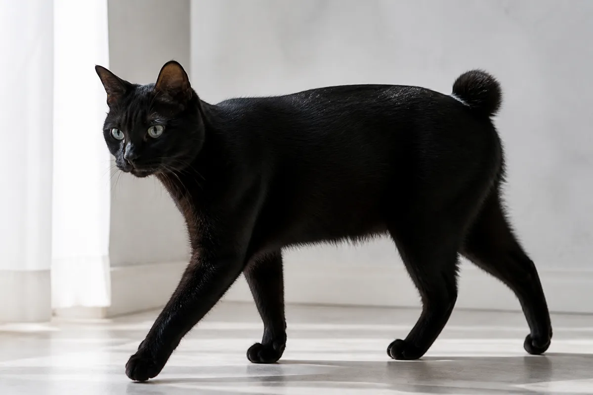 Solid black Japanese Bobtail with a clearly visible bobbed tail