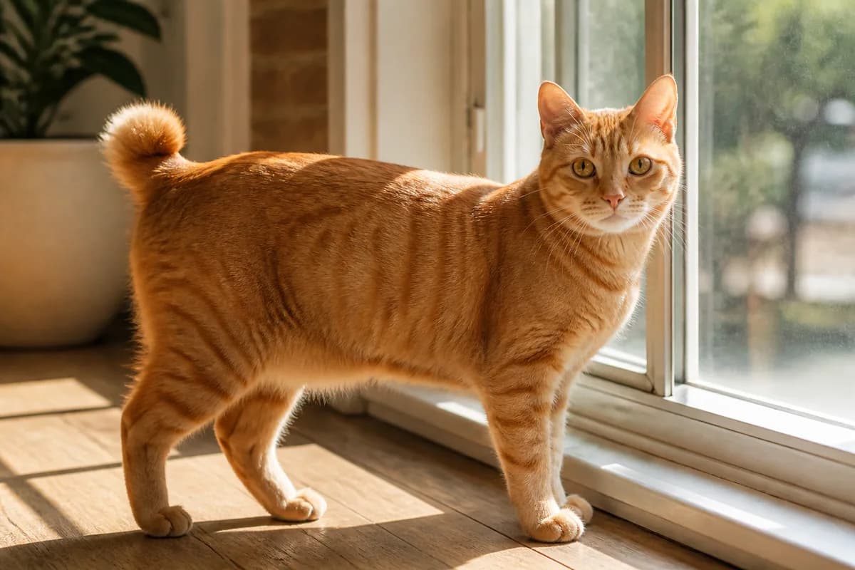 Red Japanese Bobtail with warm orange coat in natural window light