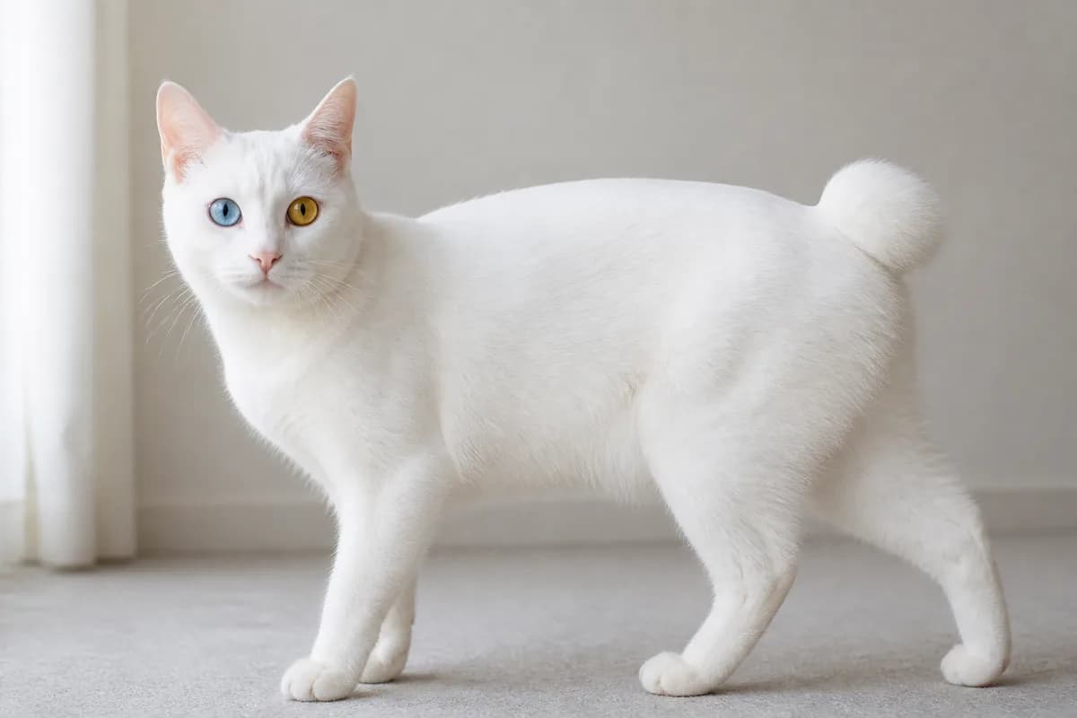 White Japanese Bobtail with blue-gold odd eyes in neutral daylight