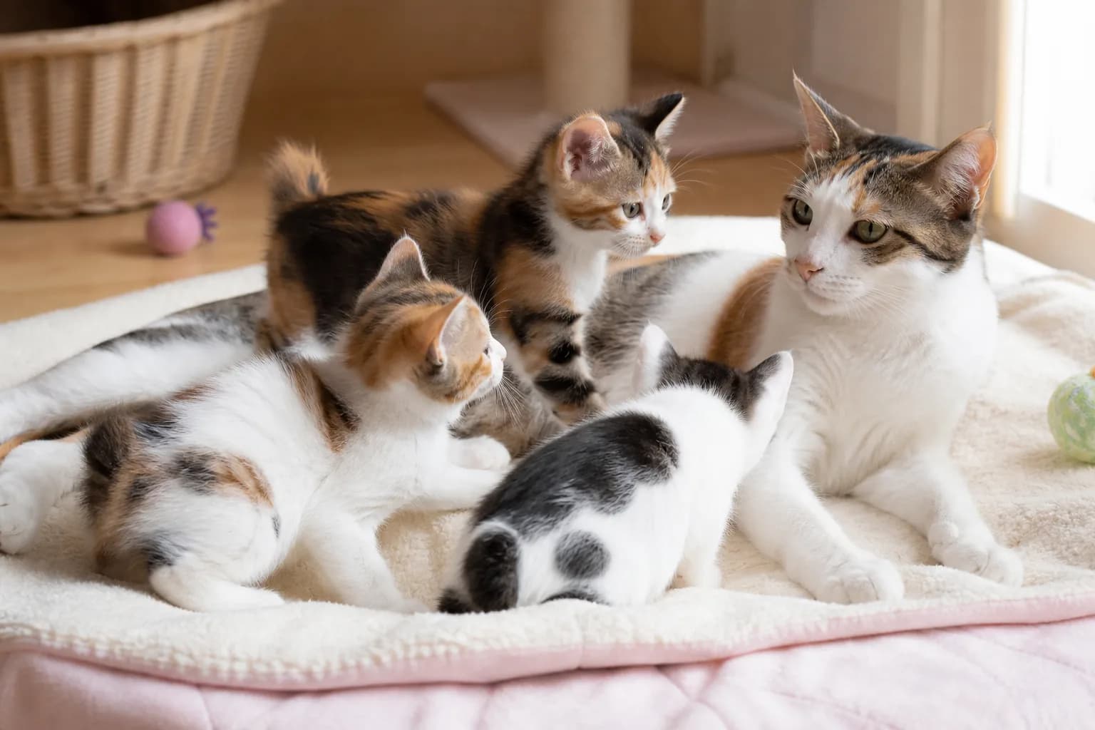 Healthy Japanese Bobtail kittens interacting with their mother in a clean home nursery
